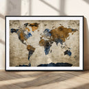World Map Wall Art – Antique Style Blue and Brown Map Canvas