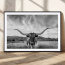 Longhorn Black and White Wall Art – Rustic Western Bull