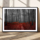 Red Forest Floor Canvas Wall Art – Mystical Foggy Woodland