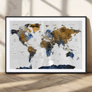 Modern Abstract World Map Canvas Wall Art – Framed Blue and