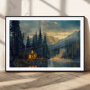 Mountain Cabin by the Lake at Sunset Wall Art - Serene