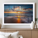 Sunset on the Ocean Beach with Waves, Reflections on Sand,