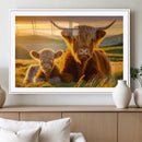 Scottish Cow and Baby Cow Canvas Wall Art Animal Print