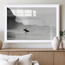 Surfer Beach Wall Art – Framed Black White Ocean Canvas