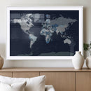 Blue Detailed World Map Wall Art Canvas Print, Modern Framed