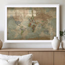 World Map Wall Art Canvas Print, Rustic Map Print, Framed