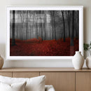 Red Forest Floor Canvas Wall Art – Mystical Foggy Woodland