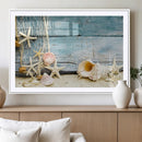 Seashells on Rustic Wooden Background, Seashells Wall Art