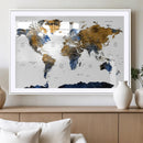 Modern Abstract World Map Canvas Wall Art – Framed Blue and