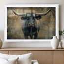 Texas Longhorn Bull Wall Art – Framed Rustic Cow Canvas
