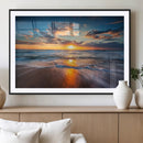 Sunset on the Ocean Beach with Waves, Reflections on Sand,