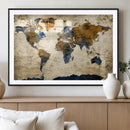 World Map Wall Art – Antique Style Blue and Brown Map Canvas