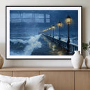 Stormy Ocean Pier Lights Canvas Wall Art Print - Large Moody