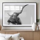 Longhorn Wall Art Canvas Print – Framed Monochrome Ranch Cow