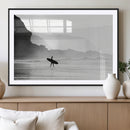 Surfer Beach Wall Art – Framed Black White Ocean Canvas