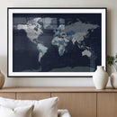 Blue Detailed World Map Wall Art Canvas Print, Modern Framed