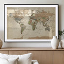 Vintage World Map Canvas Wall Art - Rustic Grunge Texture