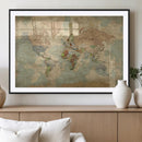 World Map Wall Art Canvas Print, Rustic Map Print, Framed