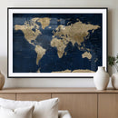 Navy Blue World Map Canvas Print – Detailed Map Minimal Navy
