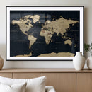 Dark World Map Canvas Wall Art Print, Minimal Black and Gold