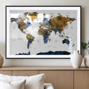 Modern Abstract World Map Canvas Wall Art – Framed Blue and