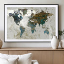 Vintage World Map Wall Art Canvas Print, Framed Rustic Earth