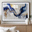 Golden Cascades on Midnight Blue – Deep Blue Abstract Wall