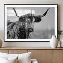 Texas Cow Longhorn Wall Art Canvas Print in Black and White