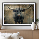 Texas Longhorn Bull Wall Art – Framed Rustic Cow Canvas
