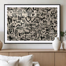 Abstract Love and Chaos Canvas Print, Black Symbols on Beige