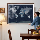 Blue Detailed World Map Wall Art Canvas Print, Modern Framed