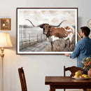 Vintage Texas Cow Wall Art Canvas Print, Rustic Longhorn