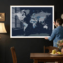 Blue Detailed World Map Wall Art Canvas Print, Modern Framed