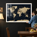 Dark World Map Canvas Wall Art Print, Minimal Black and Gold
