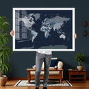 Blue Detailed World Map Wall Art Canvas Print, Modern Framed