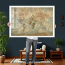 World Map Wall Art Canvas Print, Rustic Map Print, Framed
