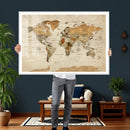 Vintage World Map Canvas Print – Framed Rustic Detailed Map