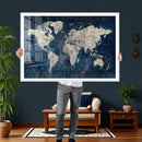 Large Blue World Map Wall Art Canvas Print for Home Office