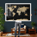 Beige World Map Canvas Wall Art Print, Minimal Black and