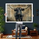 Texas Longhorn Bull Wall Art – Framed Rustic Cow Canvas