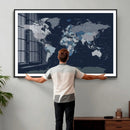 Blue Detailed World Map Wall Art Canvas Print, Modern Framed