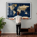 Navy Blue World Map Canvas Print – Detailed Map Minimal Navy