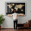 Beige World Map Canvas Wall Art Print, Minimal Black and
