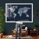 Blue Detailed World Map Wall Art Canvas Print, Modern Framed