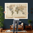 Vintage World Map Canvas Wall Art - Rustic Grunge Texture