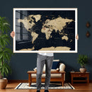 Dark World Map Canvas Wall Art Print, Minimal Black and Gold