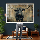 Texas Longhorn Bull Wall Art – Framed Rustic Cow Canvas