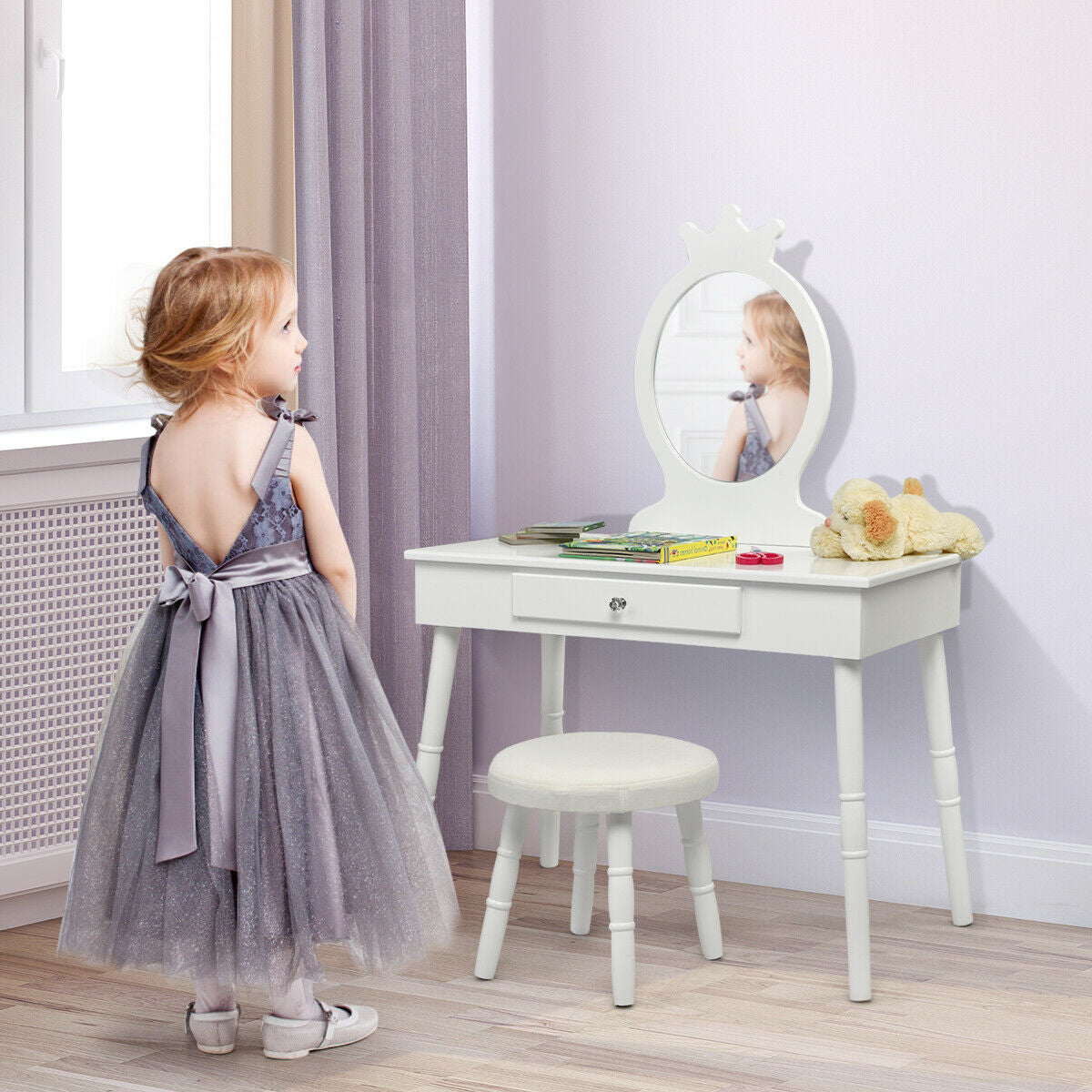 Kids Vanity Makeup Table & Chair Set Make Up Stool-White, photo 7 of 8