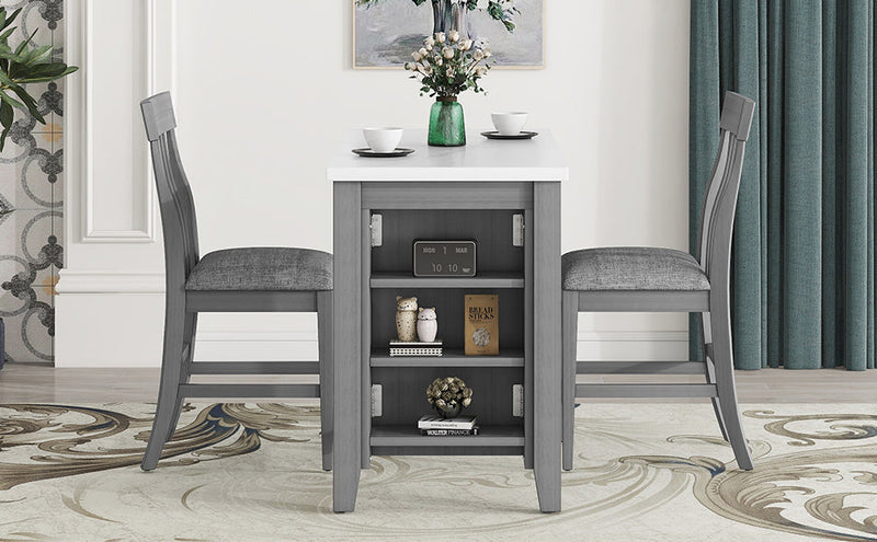 3-piece Counter Height Dining Table Set with Built-in Storage Shelves, One Faux Marble Top Dining Table and 2 counter chairs with footrest,Grey