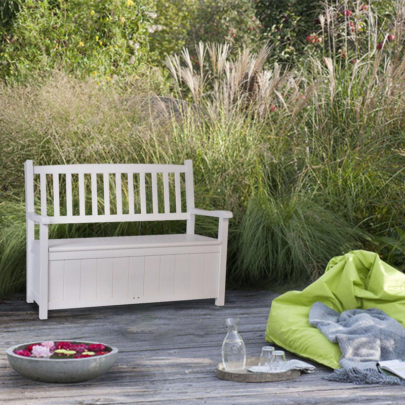 Outdoor Wooden Storage Bench with Large Deck Box for Patio Garden Porch, White